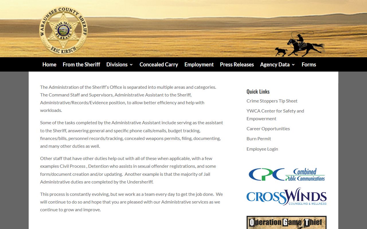 Wabaunsee County arrest records sheriff administration and records functions