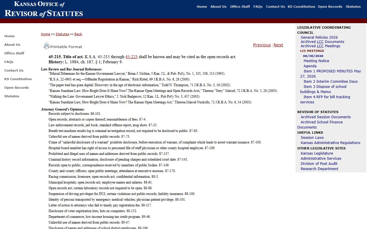 Wabaunsee County court records Kansas Open Records Act title statute