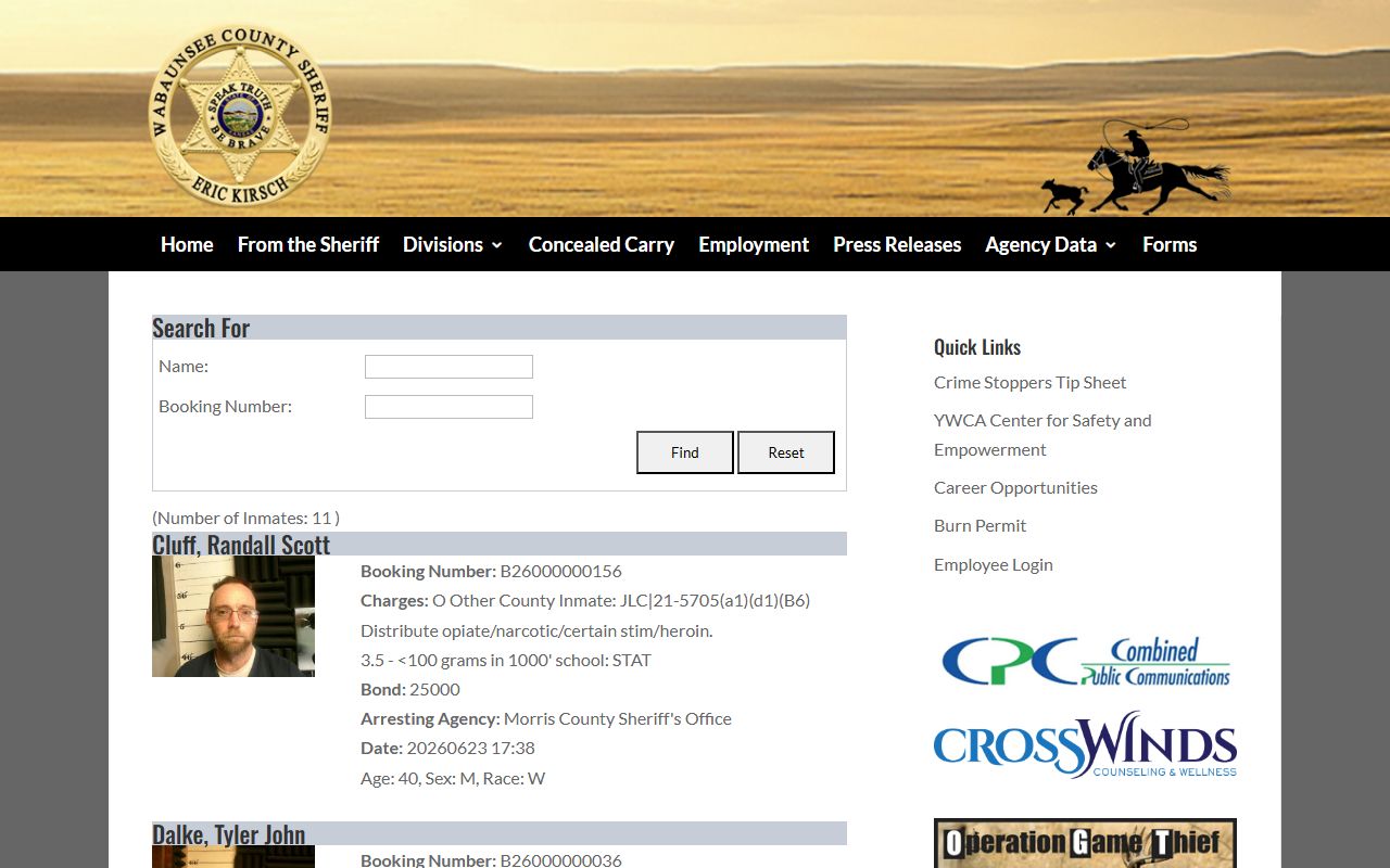 Wabaunsee County inmate records jail roster search