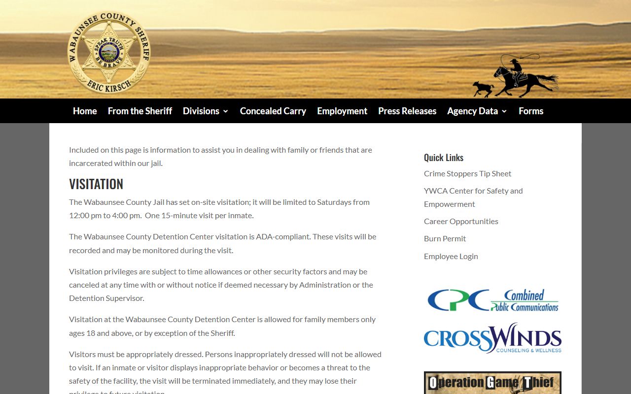 Wabaunsee County inmate records detention center visitation rules