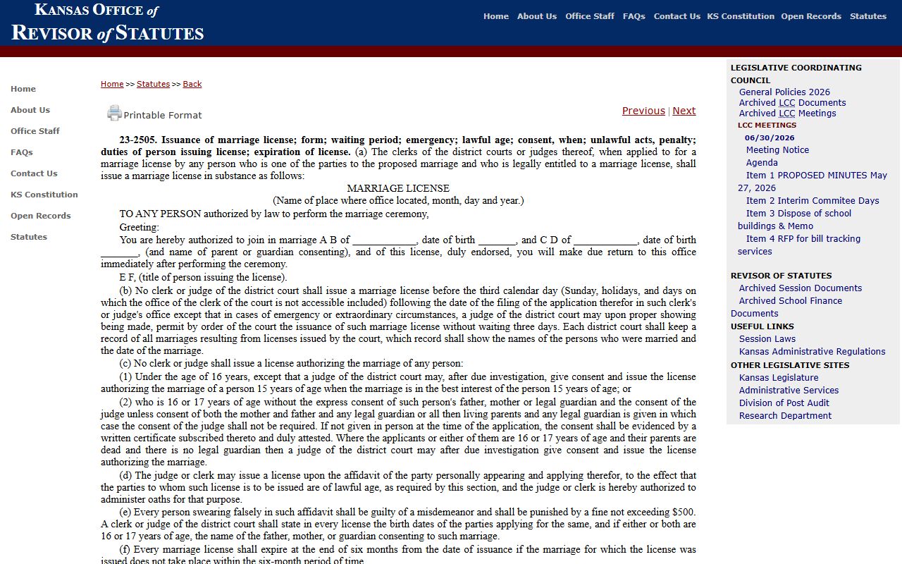 Wabaunsee County marriage records Kansas marriage license statute