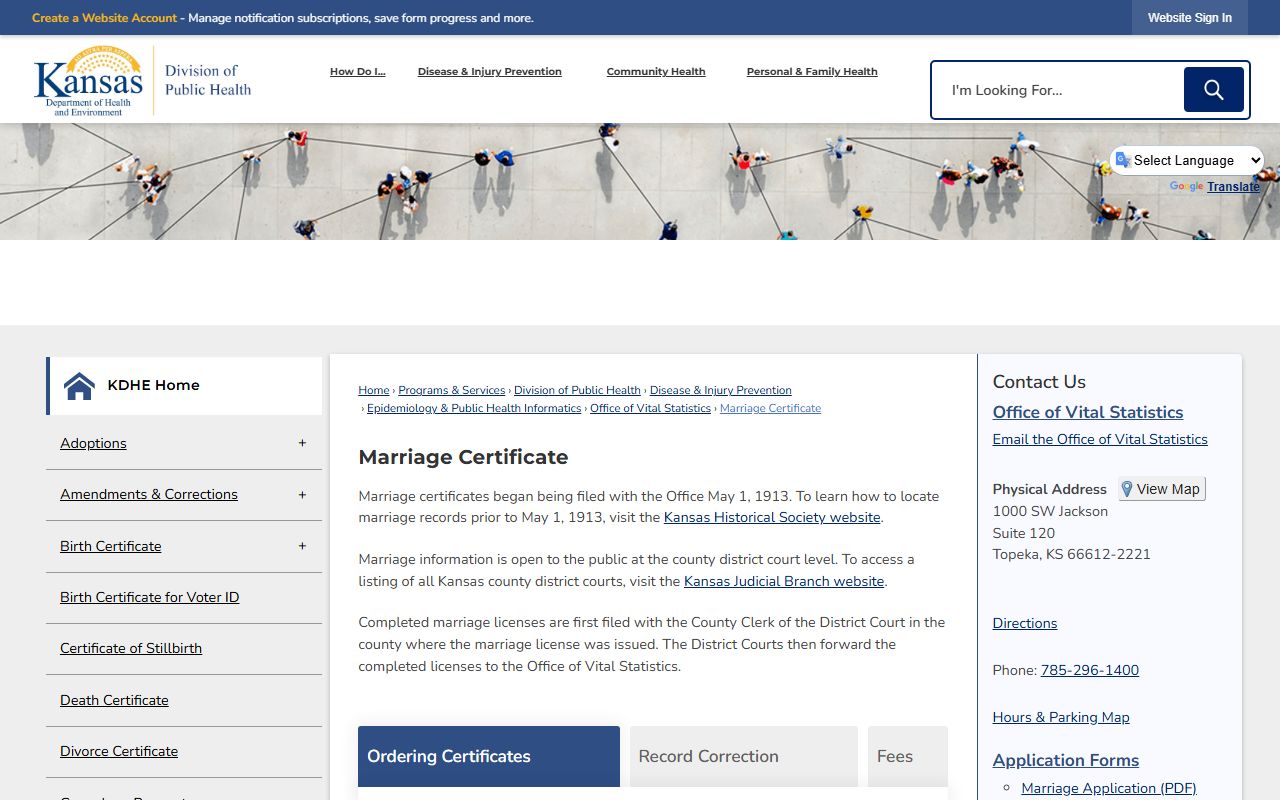 Wabaunsee County marriage records KDHE marriage certificate ordering page