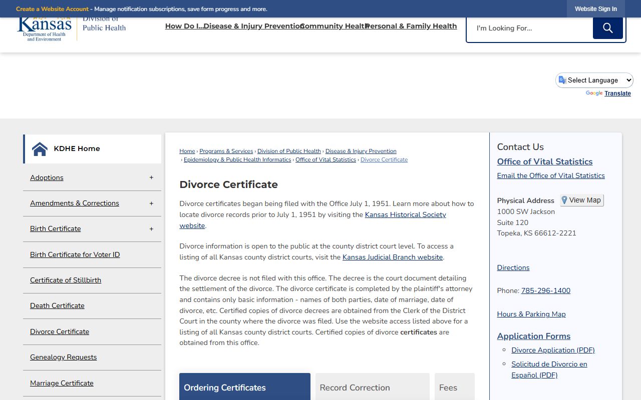 Wabaunsee County divorce records KDHE divorce certificate ordering page