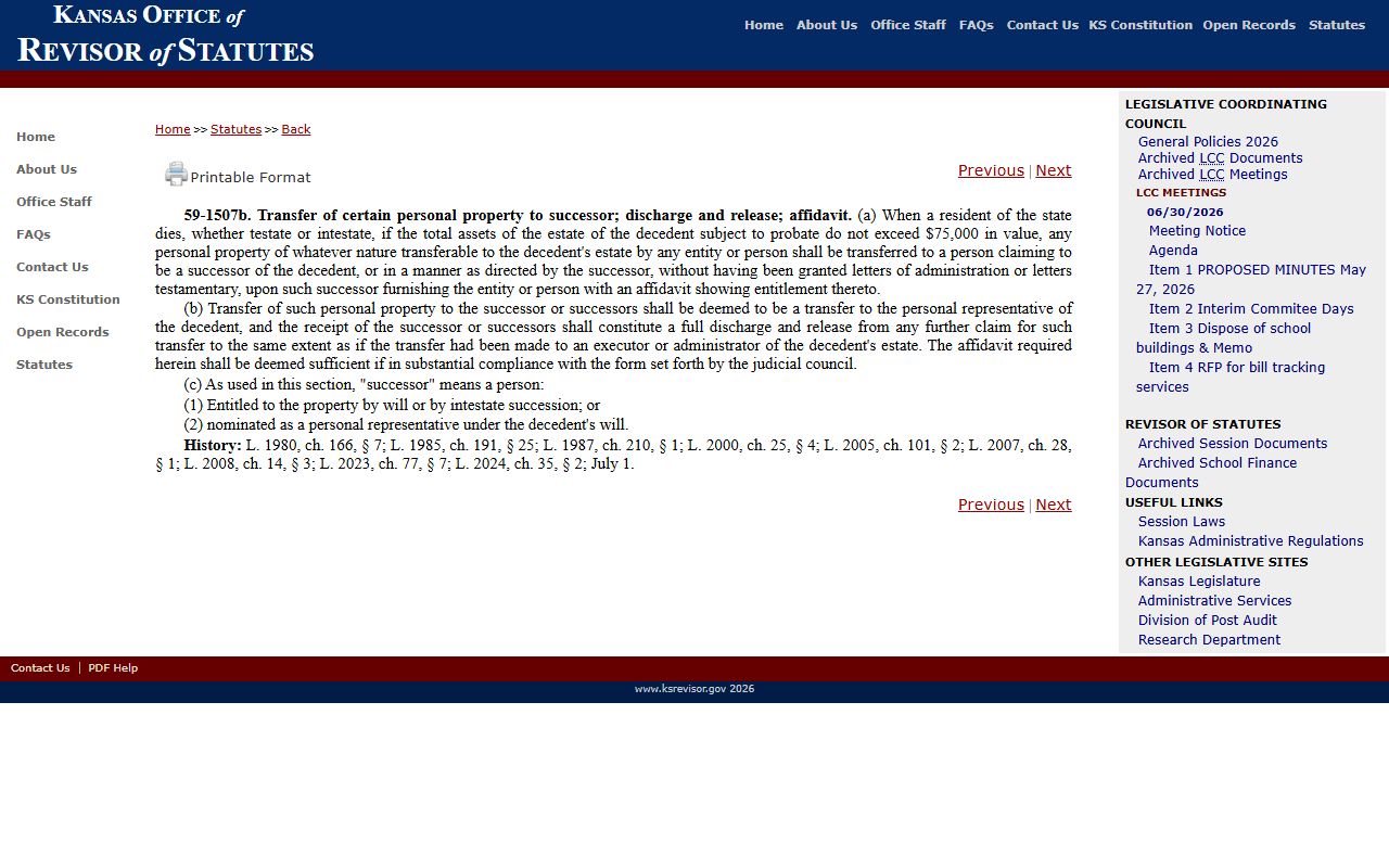 Wabaunsee County probate records Kansas small estate affidavit statute