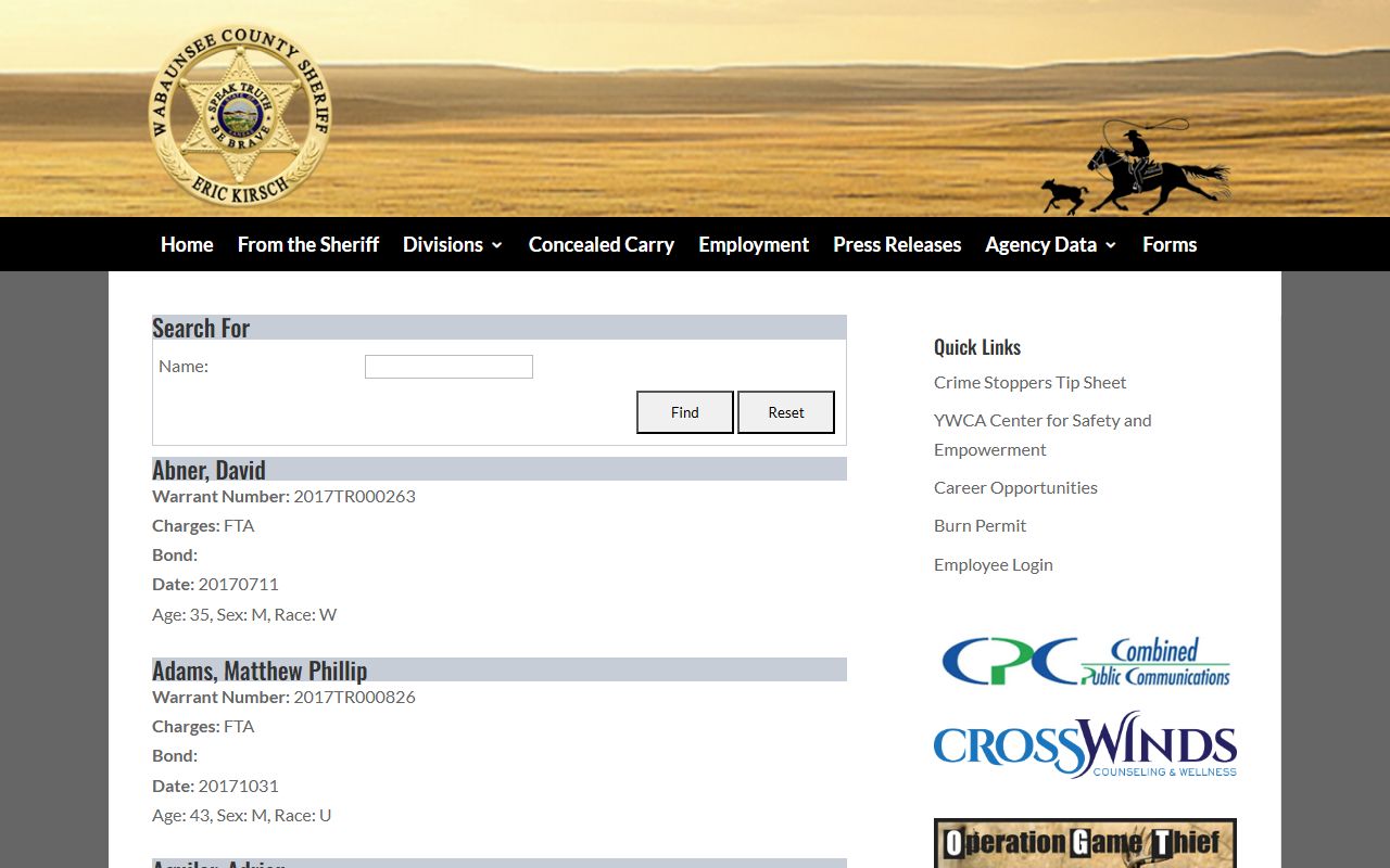 Wabaunsee County warrant search fields and active warrant list